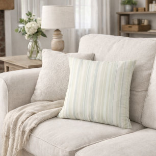 Neutral Dusty Blue Striped Rustic Farmhouse Cushion
