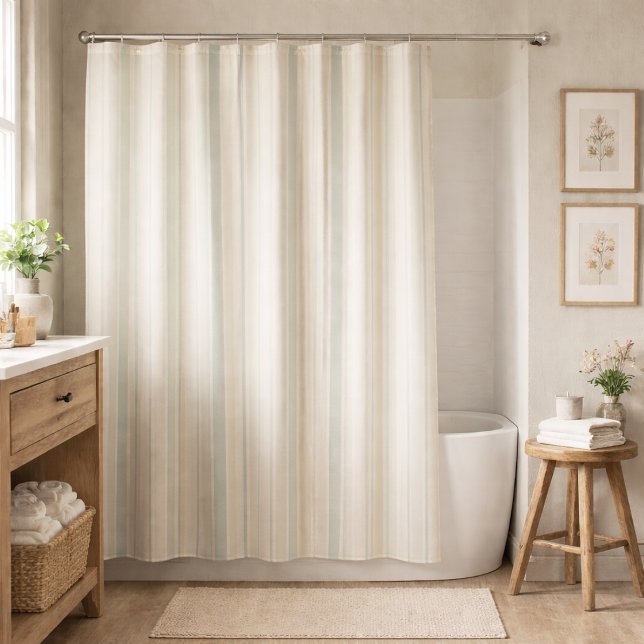 Neutral Dusty Blue Striped | Rustic Farmhouse Shower Curtain (Creator Uploaded)