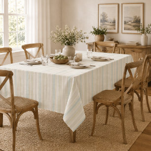 Neutral Dusty Blue Striped   Rustic Farmhouse Tablecloth