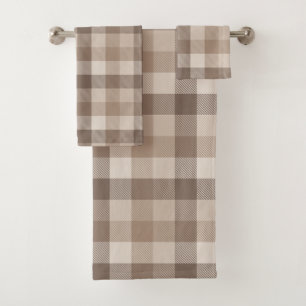 Neutral Earth Tan Chequered Gingham Plaid  Bath Towel Set