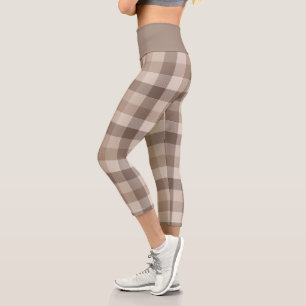 Neutral Earth Tan Chequered Gingham Plaid Capri Leggings