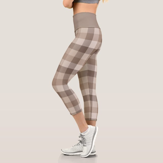 Neutral Earth Tan Chequered Gingham Plaid  Capri Leggings (Left)