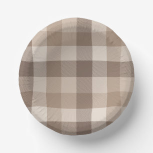 Neutral Earth Tan Chequered Gingham Plaid Paper Plate