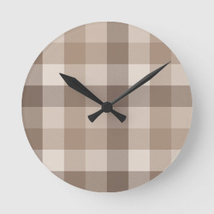 Neutral Earth Tan Chequered Gingham Plaid Round Clock