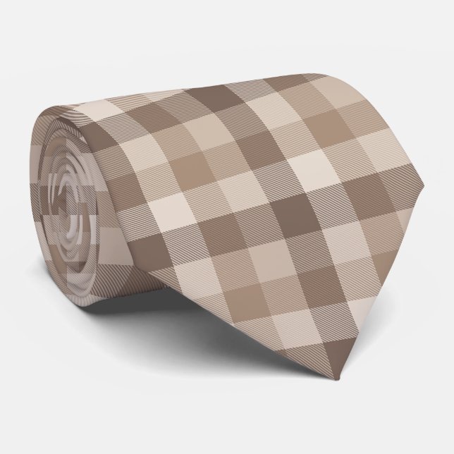 Neutral Earth Tan Chequered Gingham Plaid  Tie (Rolled)