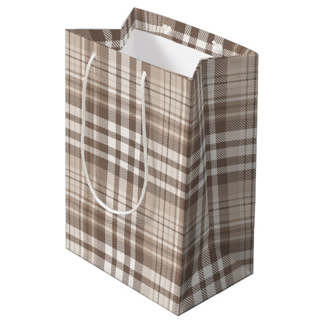 Neutral Earth Tone Plaid Tartan Design  Medium Gift Bag (Back Angled)