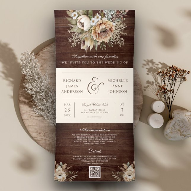 Neutral Earthy Floral Cream Wood QR Code Wedding Tri-Fold Invitation (Creator Uploaded)