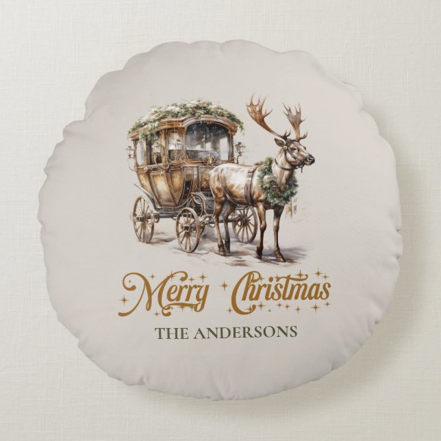 Neutral earthy tones green and gold Reindeer  Round Cushion (Front)