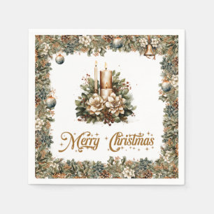 Neutral earthy tones green Christmas gold candle Napkin