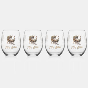 Neutral earthy tones green Christmas Reindeer Stemless Wine Glass