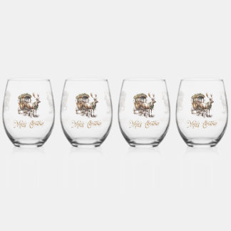 Neutral earthy tones green Christmas Reindeer Stemless Wine Glass