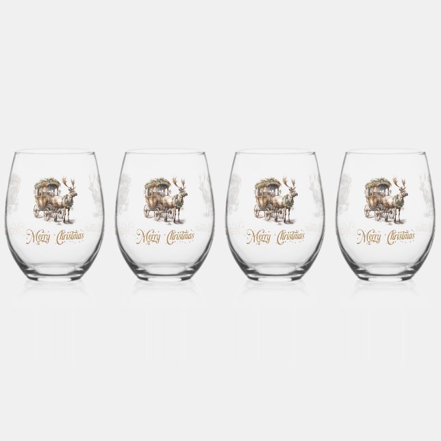 Neutral earthy tones green Christmas Reindeer Stemless Wine Glass (Left)