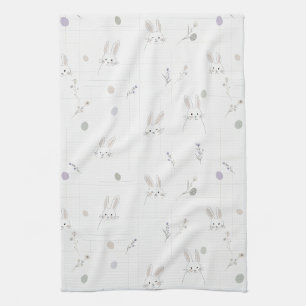 Neutral Easter Bunny Pastel Floral Pattern Tea Towel