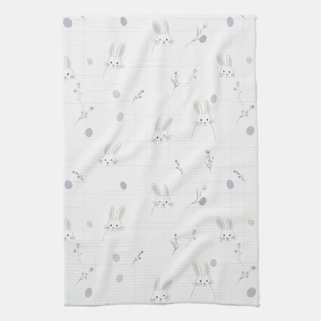 Neutral Easter Bunny Pastel Floral Pattern Tea Towel (Vertical)