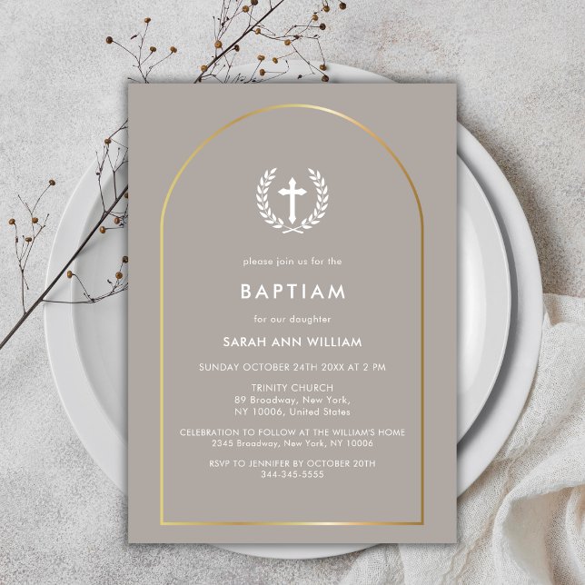 Neutral Elegant Gold Arch Wreath Cross Baptism Invitation (Neutral Elegant Gold Arch Wreath Cross Baptism Invitation)