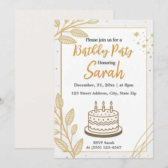 neutral  elegant modern gold minimalist birthday invitation (Front/Back)