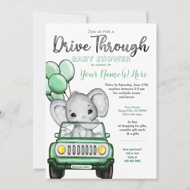Neutral Elephant Baby Shower Drive by Mint Car Invitation (Front)