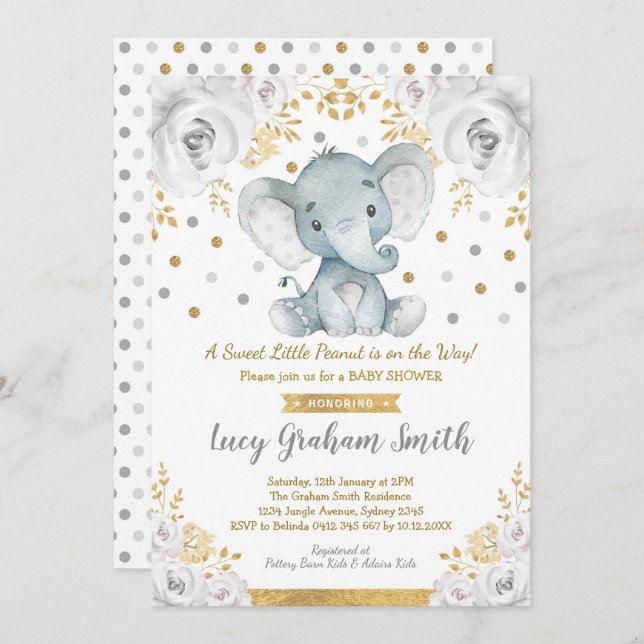 Neutral Elephant Baby Shower Gold Gray Floral Invitation (Front/Back)