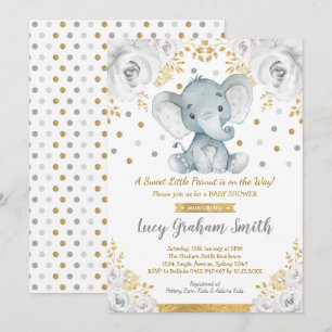 Neutral Elephant Baby Shower Gold Gray Floral Invitation