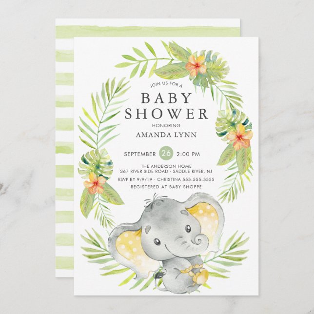 Neutral Elephant Baby Shower Invitation (Front/Back)