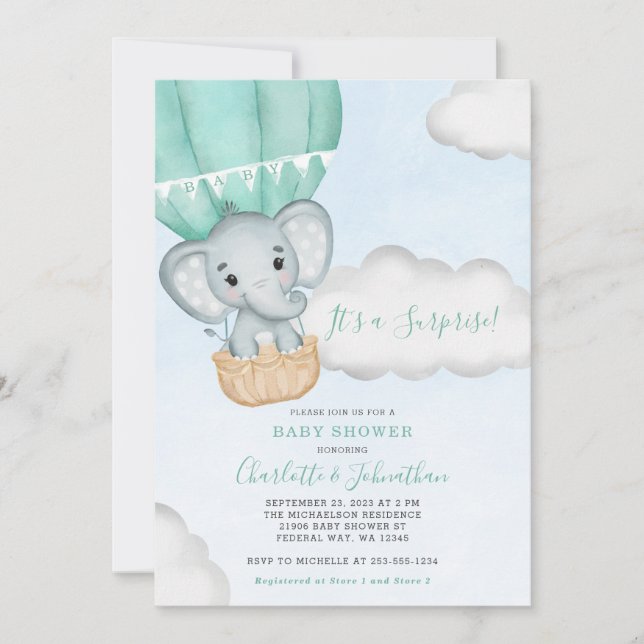 Neutral Elephant Mint Green Baby Shower Invitation (Front)