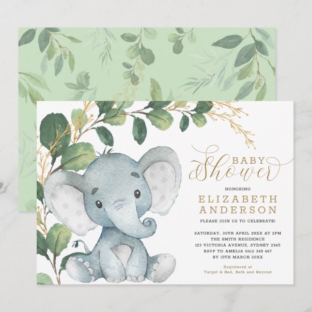 Neutral Elephant Soft Greenery Gold Baby Shower Invitation (Front/Back)