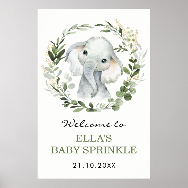 Neutral Eucalyptus Greenery Elephant Baby Sprinkle Poster (Front)