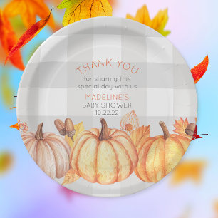 Neutral fall pumpkin baby shower table decor paper plate