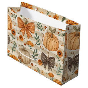 Neutral Farmhouse Pumpkins and Orange Bows Large Gift Bag