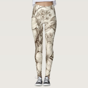 Neutral Farmhouse Sepia Floral Cream Botanical Leggings