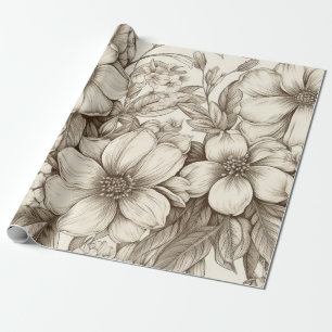 Neutral Farmhouse Sepia Floral Cream Botanical Wrapping Paper