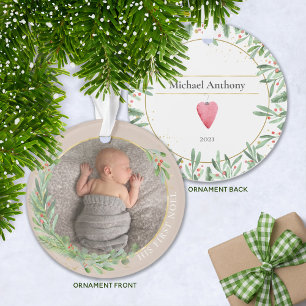 Neutral "First Noel" Christmas Greenery Baby Photo Ornament
