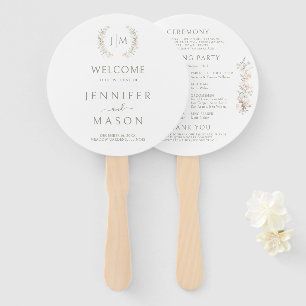 Neutral Floral Blush Monogram Wedding Program Hand Fan