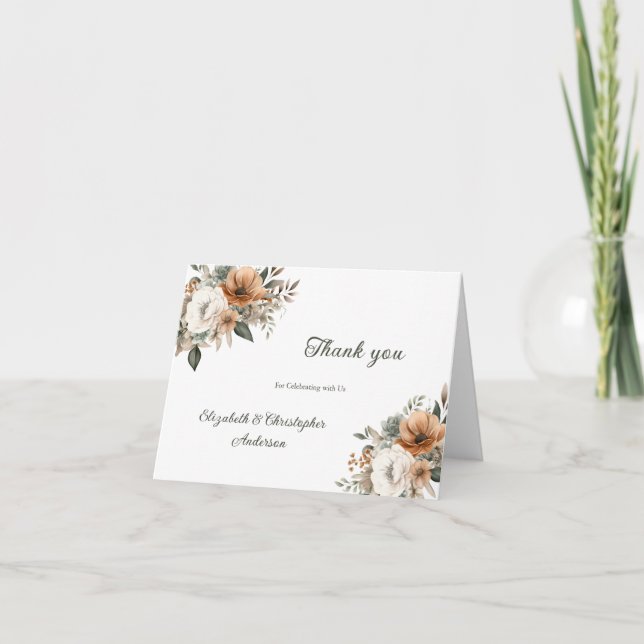 Neutral Floral Botanical Beige Greenery Wedding Thank You Card (Front)