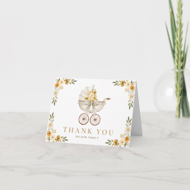 Neutral Floral Carriage Baby Shower Thank You Card (Front)