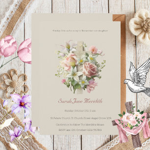 Neutral Floral Cross Baptism Invitation