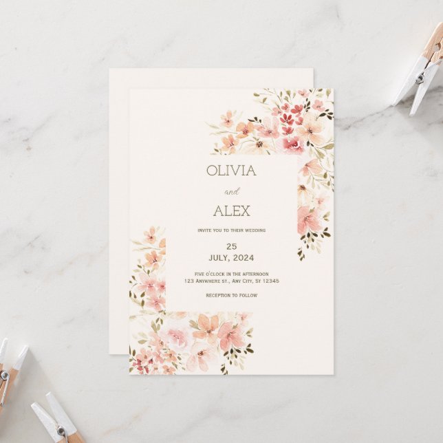 Neutral Floral Elegant Wedding Invitation (Front/Back In Situ)