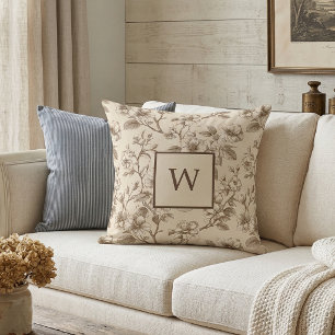 Neutral Floral Monogram Vintage  Cushion