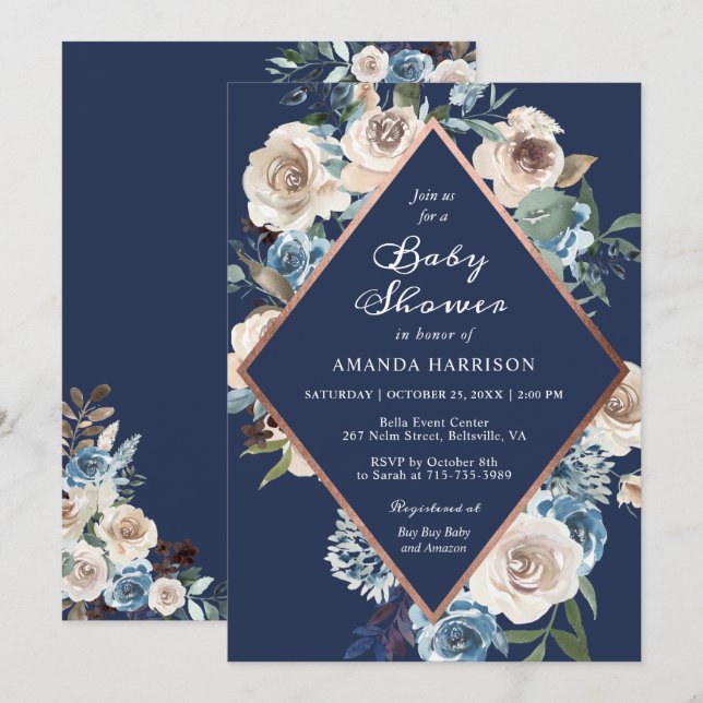 Neutral Floral Navy Blue Rose Gold Baby Shower Invitation (Front/Back)