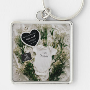 Neutral Floral Pregnancy Announcement keepsake Key Ring