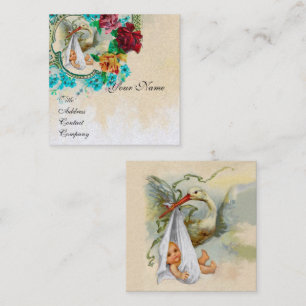 NEUTRAL FLORAL STORK BABY SHOWER White Pearl Paper Square Business Card