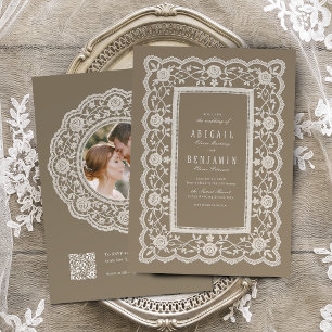 Neutral Floral Vintage Lace Classic Wedding Invitation