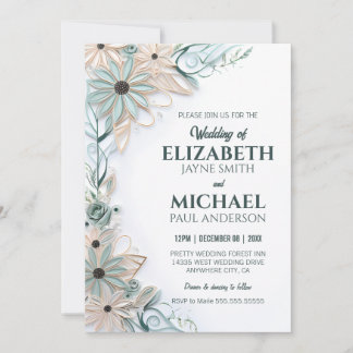 Neutral Floral Wedding Paper Quilling Simulation Invitation