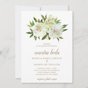 Neutral Floral White Ivory Gold Spanish Wedding Invitation