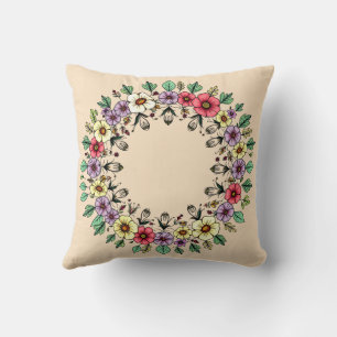 Neutral Floral Wreath Throw Pillow