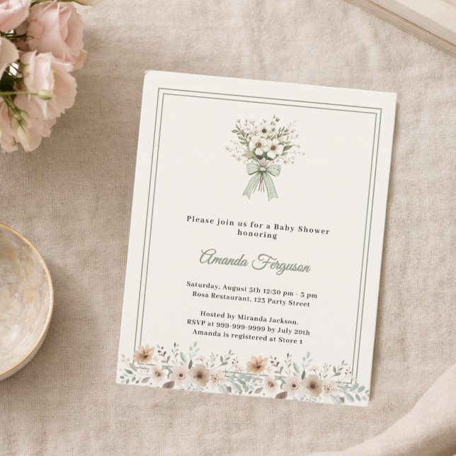 Neutral florals green ivory Baby Shower invitation (Creator Uploaded)