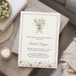 Neutral florals green ivory summer Baby Shower Invitation