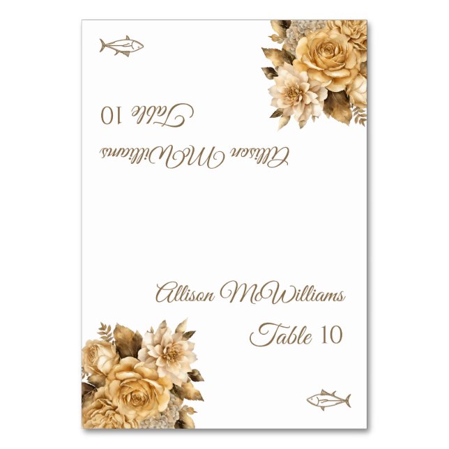 Neutral Flower Bouquet- Wedding-Fish Icon- Table Number (Front)
