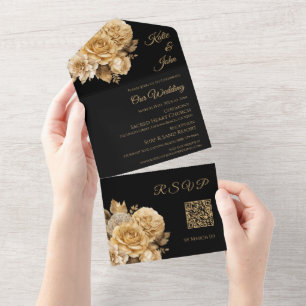 Neutral Flower Bouquet-Wedding QR code- All In One Invitation