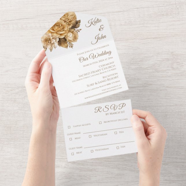 Neutral Flower Bouquet-White Wedding All In One Invitation (Tearaway)